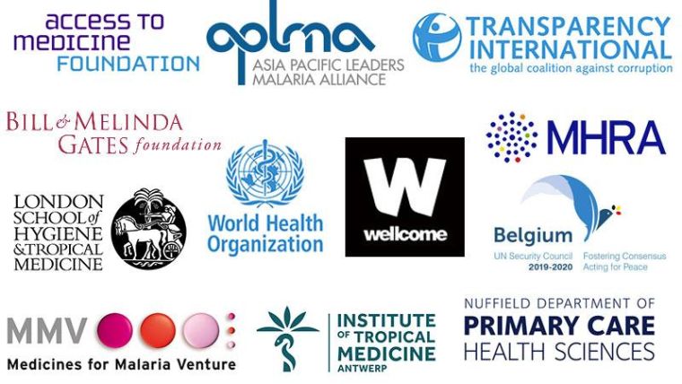Logos of the MQPH Conference partners, including Access to Medicine Foundation; APLMA Asia Pacific Leaders Malaria Alliance; Transparency International; Bill & Melinda Gates Foundation; London School of Hygiene & Tropical Medicine; World Health Organization; Wellcome; MHRA Medicine and Healthcare Products Regulatory Agency; Belgium UN Security Council; MMV Medicines for Malaria Venture; Institute of Tropical Medicine Antwerp; Nuffield Department of Primary Care Health Sciences