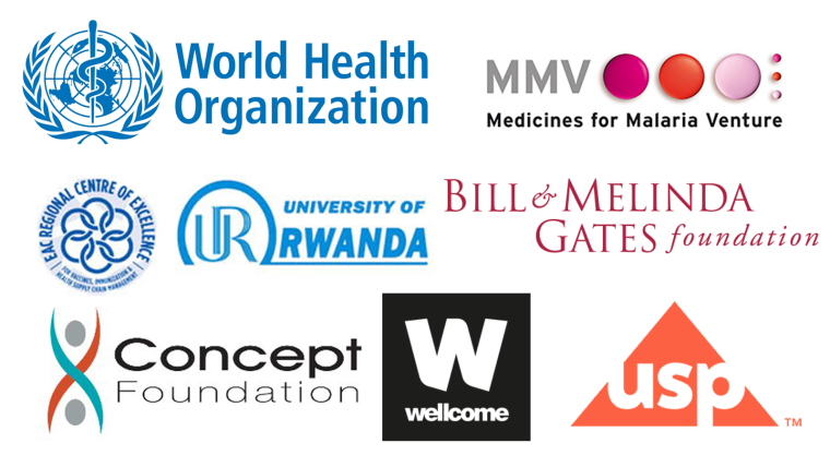 Logos of the MQPH Conference sponsors, including WHO; MMV Medicine for Malaria Venture; University of Rwanda; Bill & Melinda Gates Foundation; Concept Foundation; Wellcome; USP US Pharmacopeia