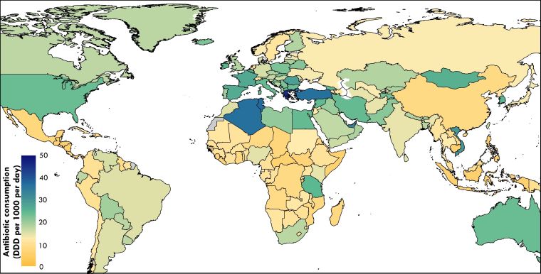 Map showing the global antibiotic consumption per country, showing DDDs (defined daily doses) per 1000 per day.