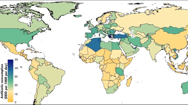 Map showing the global antibiotic consumption per country, showing DDDs (defined daily doses) per 1000 per day.