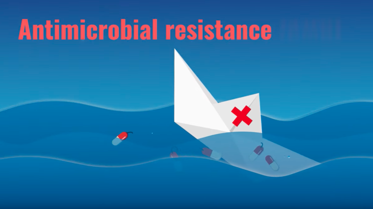 Sinking paper boat harboring a red cross, with the text Antimicrobial Resistance