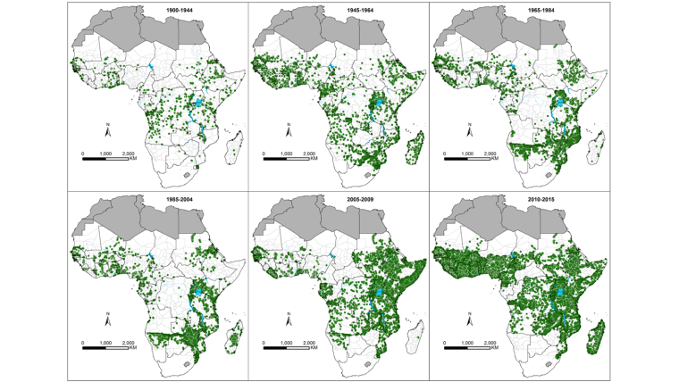 6 maps of Africa showing the prevalence of malaria over time