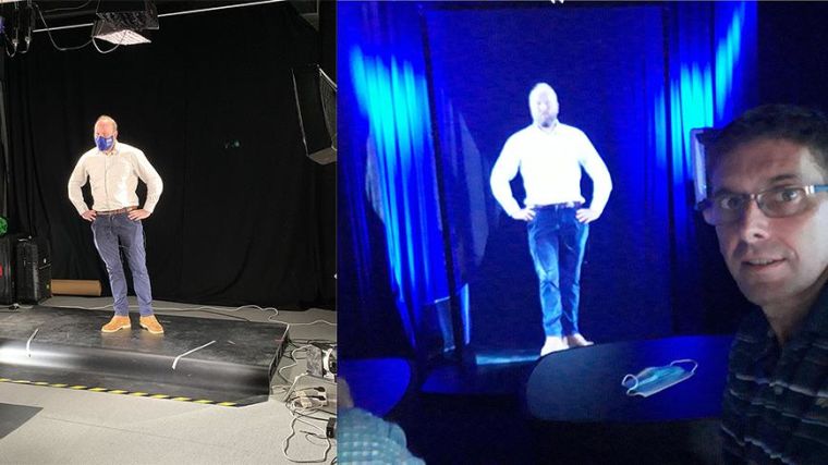 Ed Gibbs filmed in AHRT London studio, and beamed as a holograpm to Bangkok, as seen by David Burton
