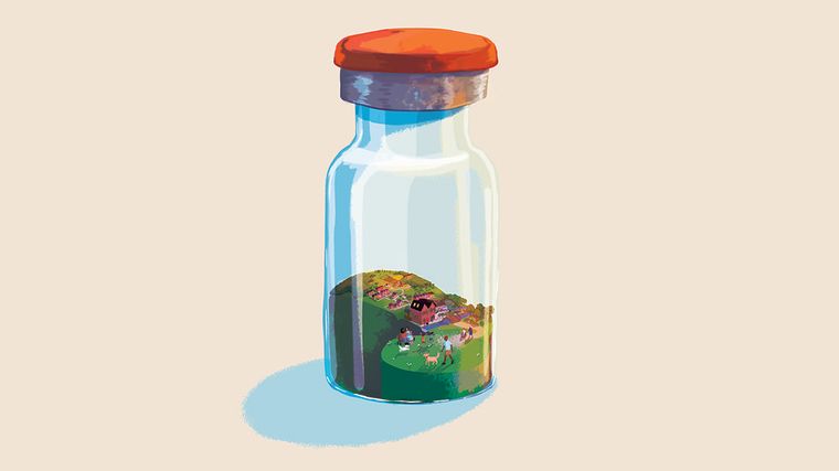 Drawing of a vial containing a landscape