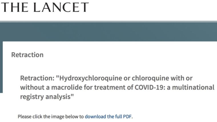 Image containing the following text: THE LANCET
Retraction 
Retraction: "Hydroxychloroquine or chloroquine with or without a macrolide for treatment of COVID-19: a multinational registry analysis"
Please click the image below to download the full PDF.