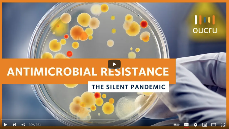 Screenshot of the video, with the text 'Antimicrobial resistance, the silent pandemic'