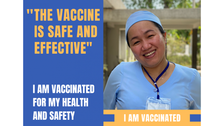 Photo of a healthcare worker in Vietnam, with the text: "The vaccine is safe and effective. I am vaccinated for my health and safety. I am vaccinated"