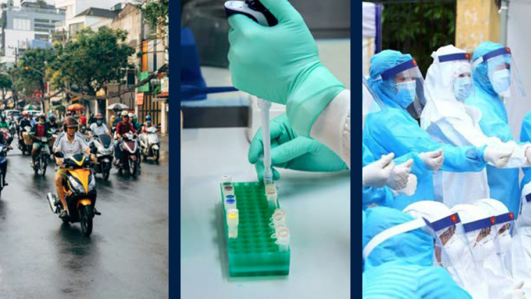 Composite photo, with mopeds on Ho Chi Minh City streets, a researcher pipetting samples, healthcare workers in full PPE gear with thumbs up