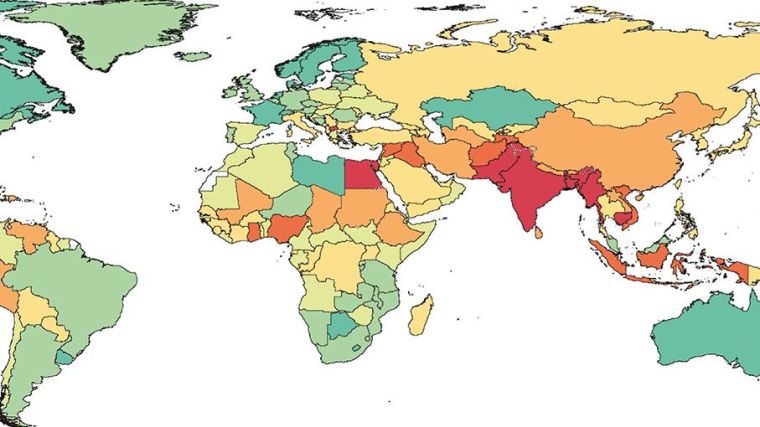 World map of global burden of bacterial antimicrobial resistance, colour-coded by country, showing the percentage of Klebsiella pneumoniae isolates with resistance to cephalosporin