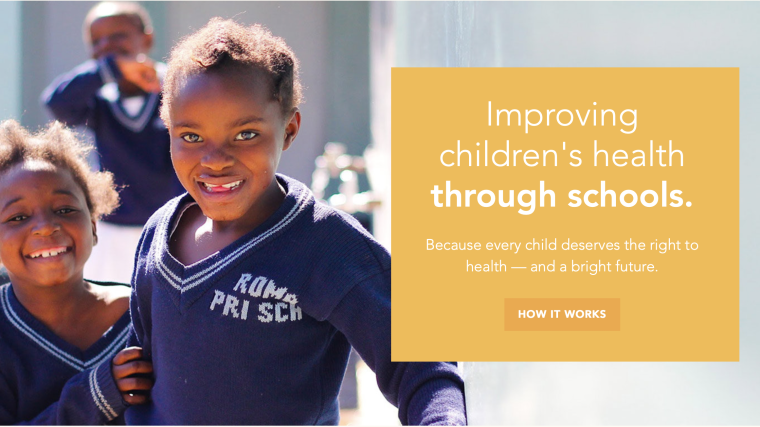 School children with the text: Improving children's health through schools. Because every child deserves the right to health - and a bright future