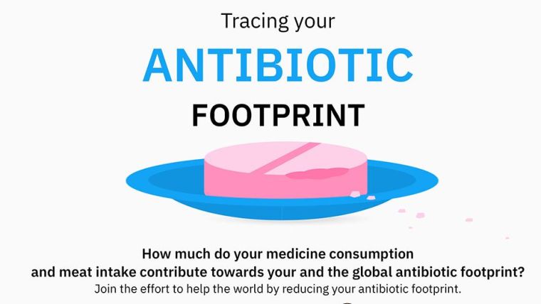 Drawing of a pill in a dish, with the text 'Tracing your antibiotic foorprint. How much do your medicine consumption and meat intake contribute towards your and the global antibiotic footprint? Join the effort to help the world by reducing your antibiotic foorprint.'
