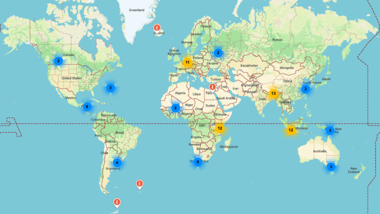 Map of the world with pins representing research activities led by Oxford University scientists across the globe