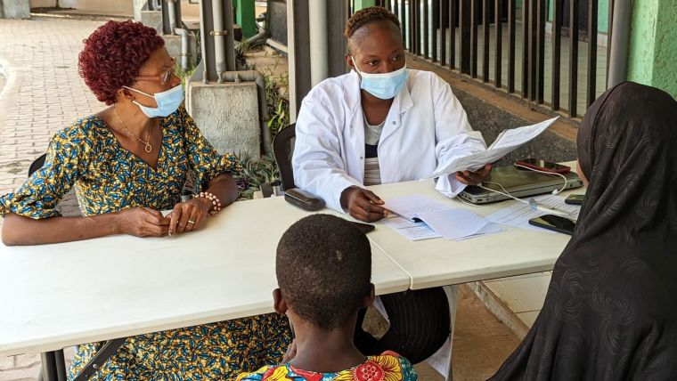 A child suspected to have malaria being screened for recruitment into the DeTACT Trial at the Centre National de Formation et de Recherche en Santé Rurale (CNFRSR), Maférinyah, in Guinea