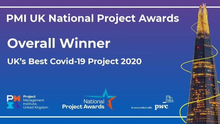 The RECOVERY Trial was overall winner of the Project Management Institute’s 2020 Awards UK's Best COVID-19 Response Project 2020 Category - with the text "PMI UK national project award overall winner, UK's best covid-19 project 2020"