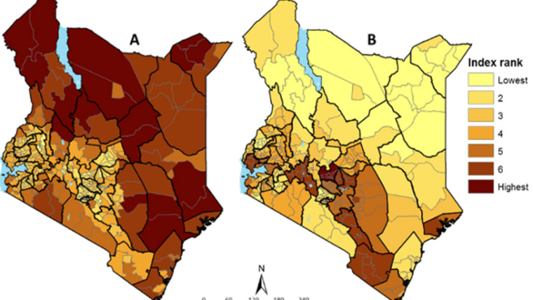 Two maps of Kenya, showing regional (A) Social vulnerability and (B) Epidemiological vulnerability to COVID-19 in Kenya