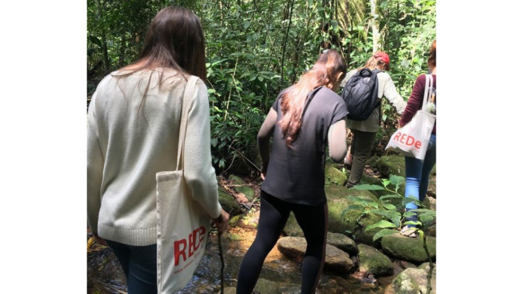 Young participants to a REDe workshop in Brazil, carrying REDe bags and walking in a forest
