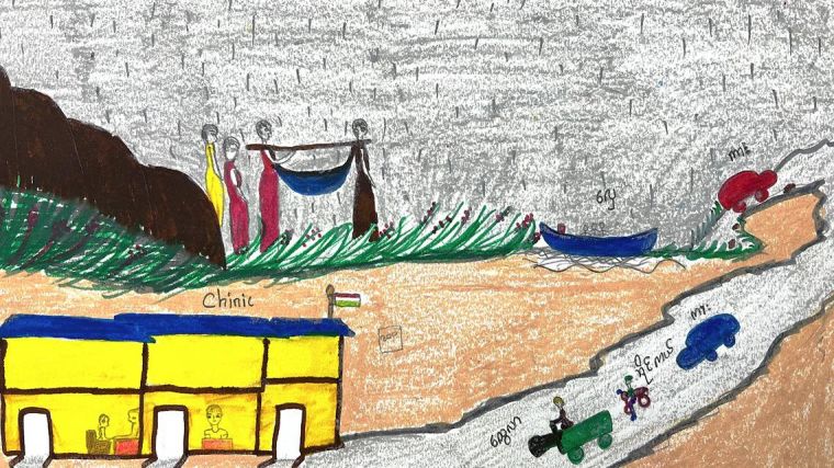 Drawing by village health volunteers, showing various modes of tranportation to a clinic