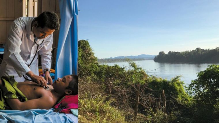 Composite photo, with a doctor and a patient, and a view over the river in the Sekong Province, Lao PDR