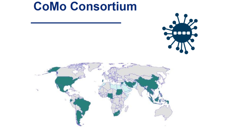 The COVID-19 International Modelling Consortium (CoMo Consortium) - image with a map of the world with CoMo members, its logo and the name CoMo Consortium