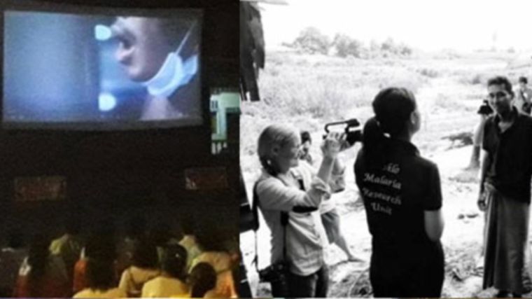 Composite image, showing a TB doctor and patient at an SMRU TB clinic, a scene of a crowd watching 'Under the Mask', and filming.