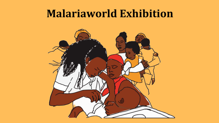 Drawing of a baby being vaccinated, with the text MalariaWorld Exhibition