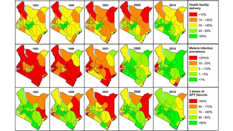 Maps of Kenya, showing over the years (1993 to 2014) the evolution of (1) Health facility delivery, (2) Malaria infection prevalence and (3) 3 doses of DPT vaccines administered
