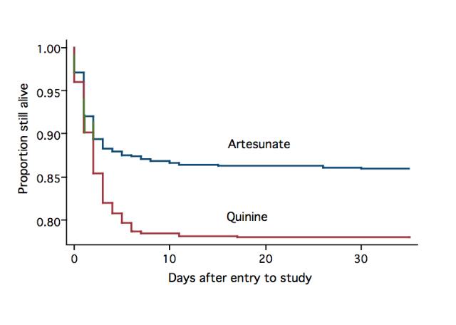 Survival curves of (mainly adult) patients with severe malaria treated with intravenous quinine versus artesunate (Lancet 2005)