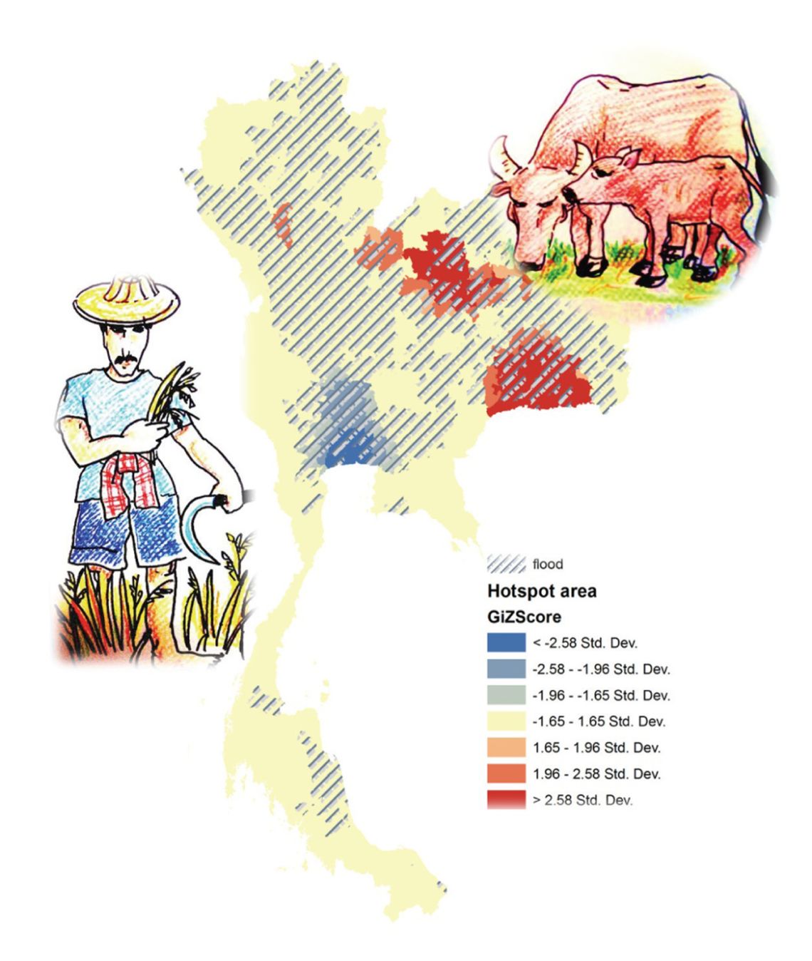A Thailand map showing flooding areas and hotspot area GiZscore